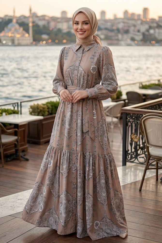 Floral Patterned Belted Jessica Taupe Modest Dress 15063V - 
