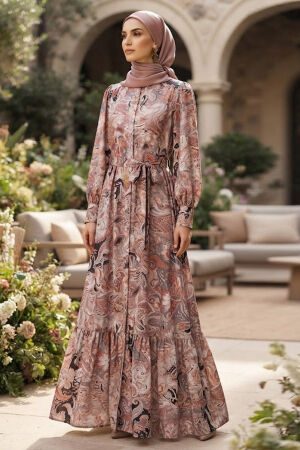 Floral Patterned Belted Jessica Taupe Modest Dress 15100V - 
