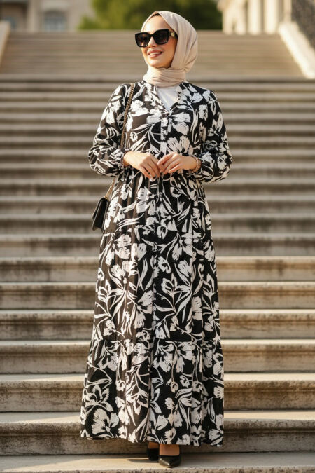 Floral Patterned Black Modest Dress 30131S - 