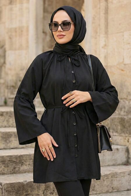 Flounce Sleeved Black Modest Tunic 20298S - 