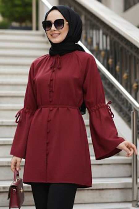 Flounce Sleeved Claret Red Modest Tunic 20298BR - 