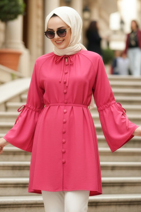 Flounce Sleeved Fuchsia Modest Tunic 20298F - 