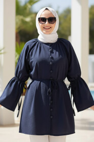 Flounce Sleeved Navy Blue Modest Tunic 20298L - 1
