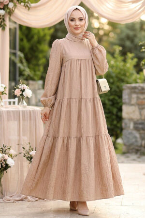 Flowy Long Sleeve Zara Linen Biscuit Modest Dress 15702BS - 