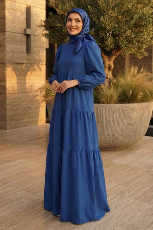 Flowy Long Sleeve Zara Linen Dark Indigo Blue Modest Dress 15702KIM - 