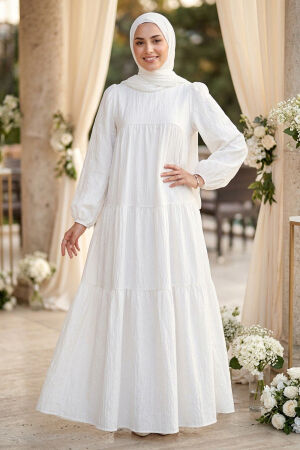 Flowy Long Sleeve Zara Linen Ecru Modest Dress 15702E - 