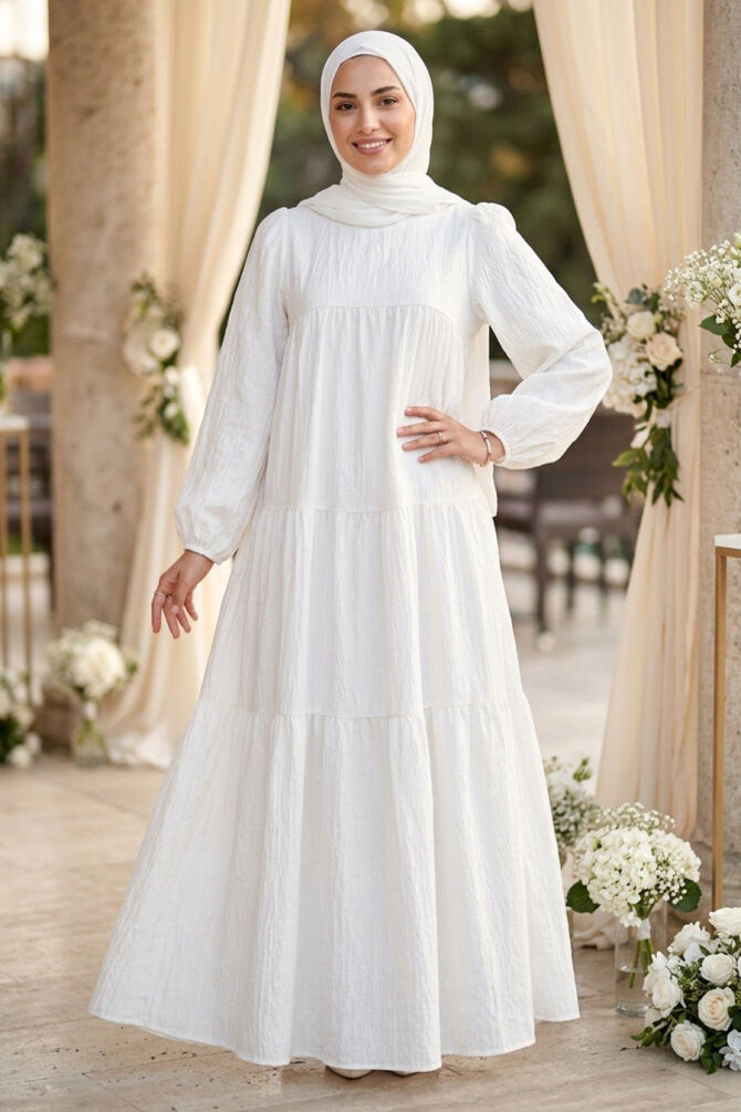 Flowy Long Sleeve Zara Linen Ecru Modest Dress 15702E - 