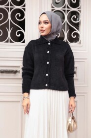 Fluffy Black Knit Modest Cardigan 85321S - 1