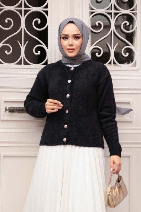 Fluffy Black Knit Modest Cardigan 86041S - NEVA STYLE