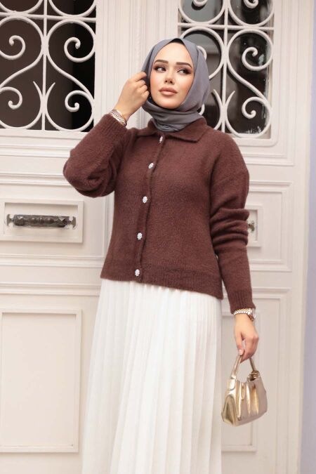Fluffy Brown Knit Modest Cardigan 85321KH - NEVA STYLE