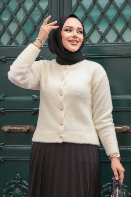 Fluffy Cream Knit Modest Cardigan 86041KR - NEVA STYLE