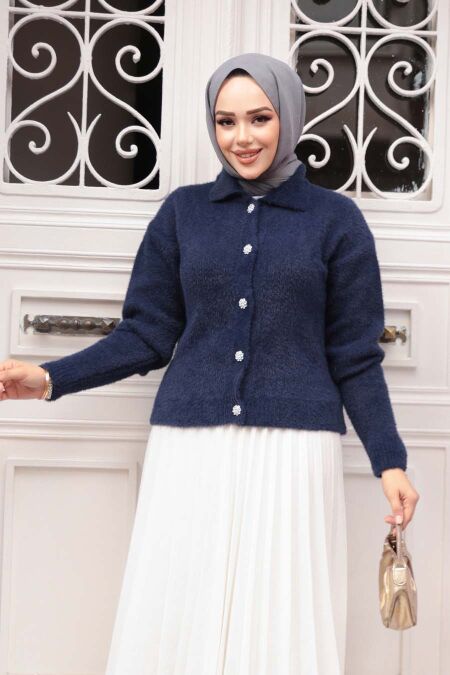 Fluffy Navy Knit Modest Cardigan 85321L - NEVA STYLE