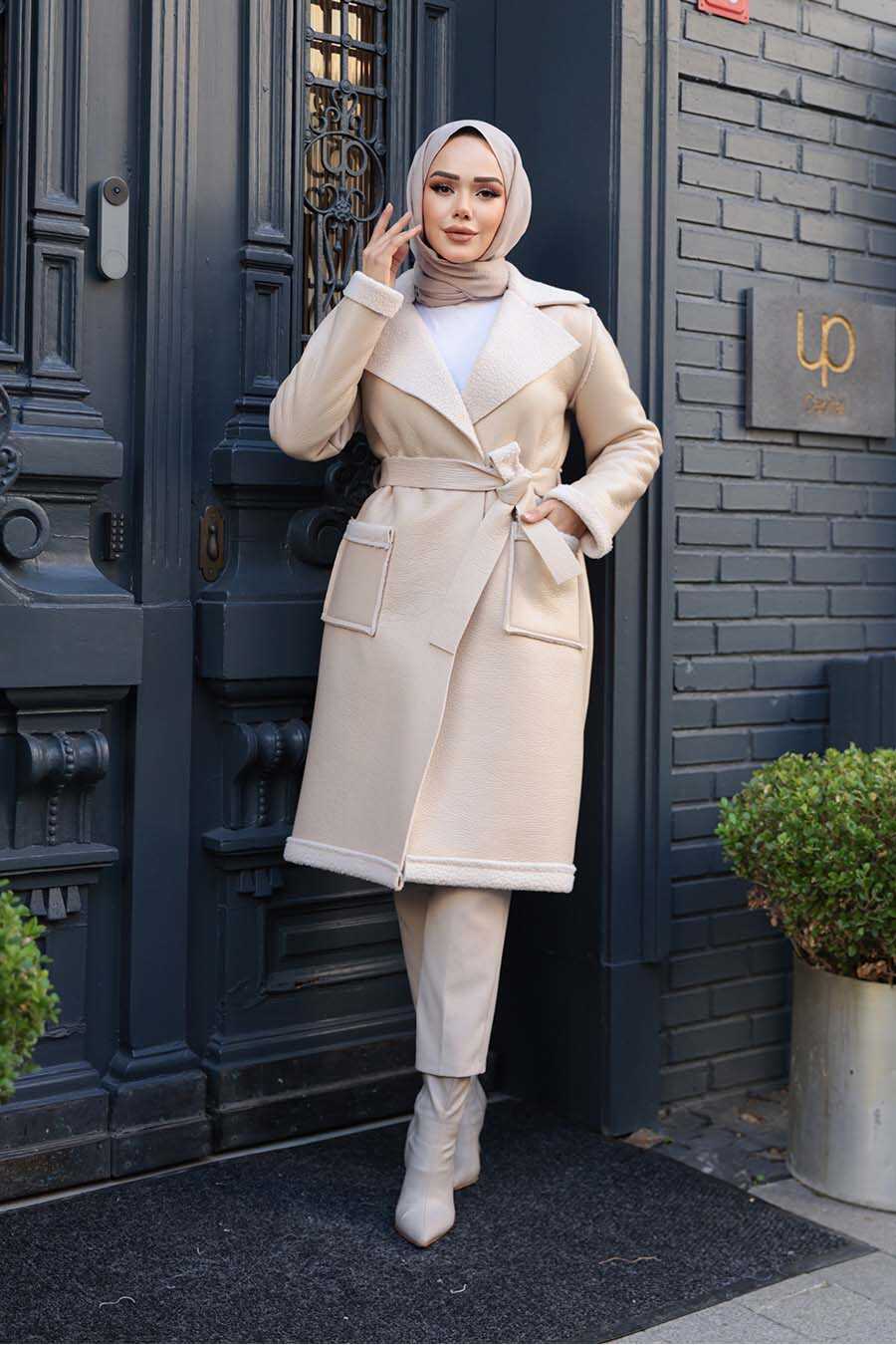 Fur Detailed Beige Modest Faux Leather Coat 62391BEJ - Neva-style.com