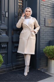 Fur Detailed Beige Modest Faux Leather Coat 62391BEJ - 1