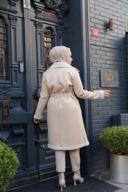 Fur Detailed Beige Modest Faux Leather Coat 62391BEJ - 3