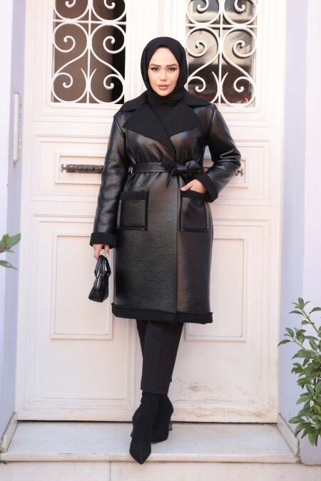 Fur Detailed Black Modest Faux Leather Coat 62391S - NEVA STYLE