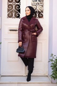 Fur Detailed Claret Red Modest Faux Leather Coat 62391BR - 1