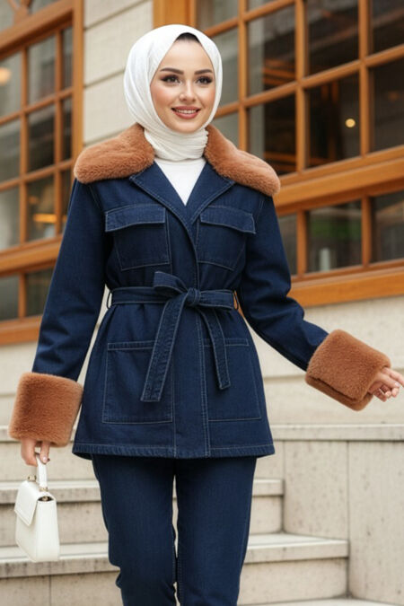 Fur Detailed Navy Blue Modest Denim Jacket 80341L - 