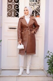Fur Detailed Tan Modest Faux Leather Coat 62391TB - 2