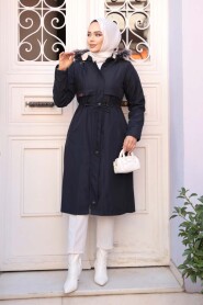 Fur Hooded Navy Blue Modest Parka 60650L - 3