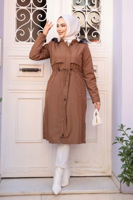Fur Hooded Tan Modest Parka 60650TB - NEVA STYLE