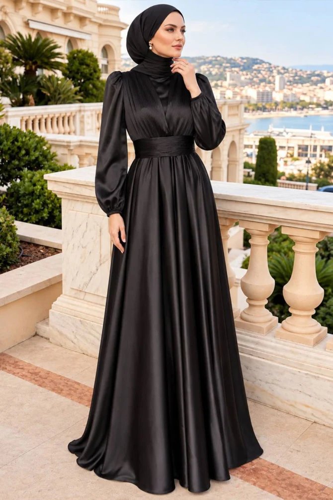 Gathered Waist Detail Balloon Sleeve Black Satin Modest Evening Dress 23820S - 