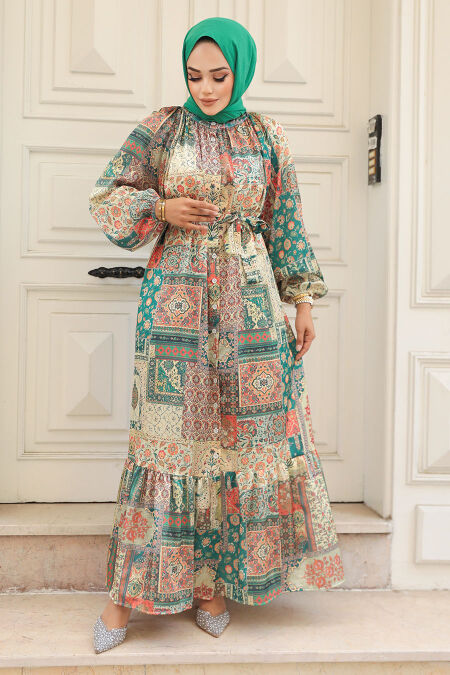 Green Hijab Dress 23155Y - NEVA STYLE