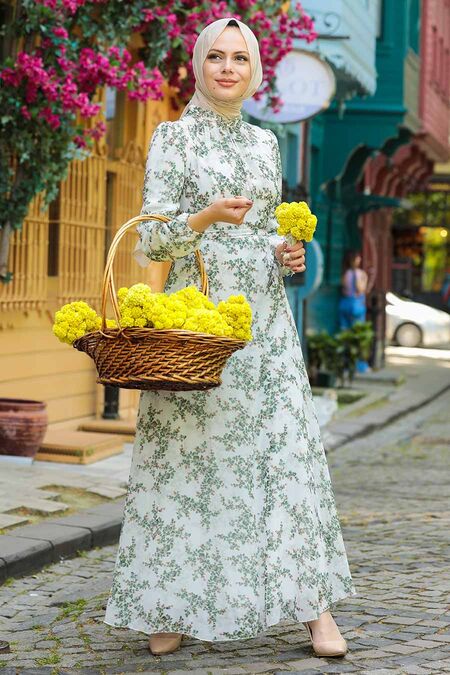 Green Hijab Dress 279012Y - NEVA STYLE