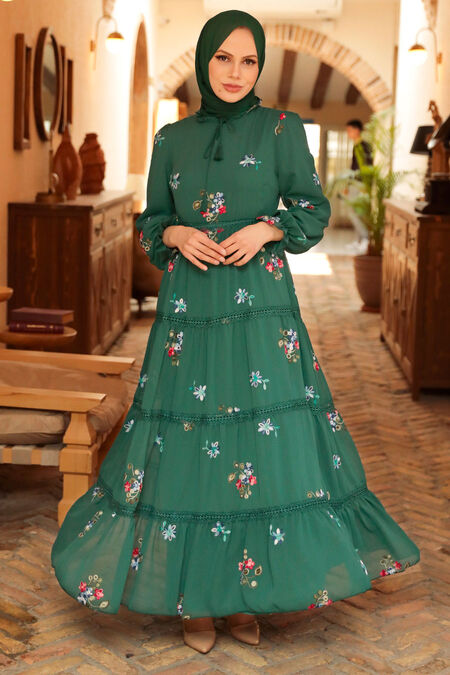 Green Hijab Dress 32811Y - NEVA STYLE