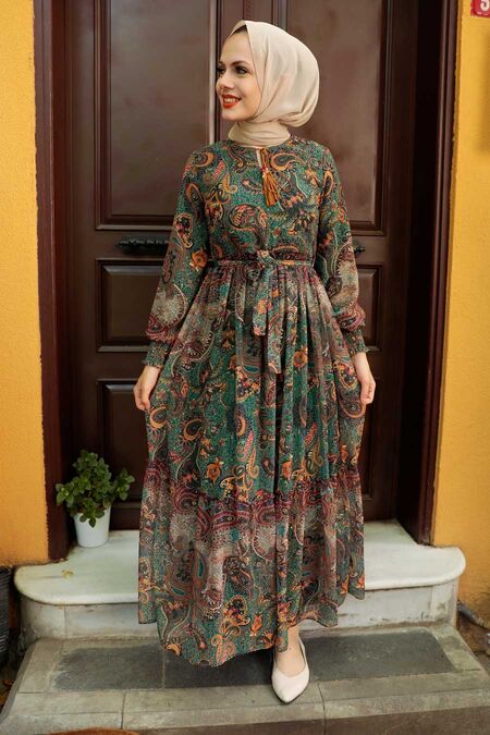 Green Hijab Dress 76440Y - NEVA STYLE