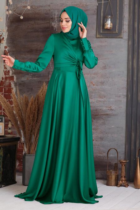  Green Turkish Hijab Evening Gown 1420Y - NEVA STYLE