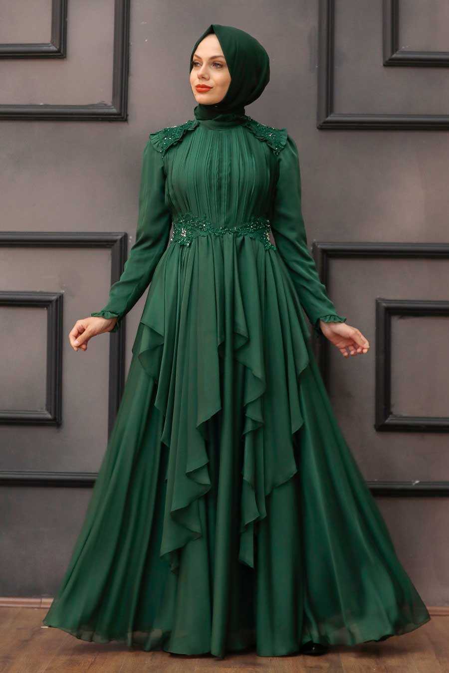 Luxury Green Muslim Long Sleeve Dress 21850Y - Neva-style.com