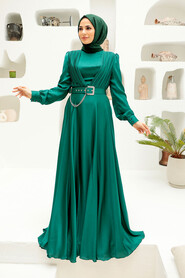  Long Sleeve Green Islamic Long Sleeve Maxi Dress 3454Y - 1