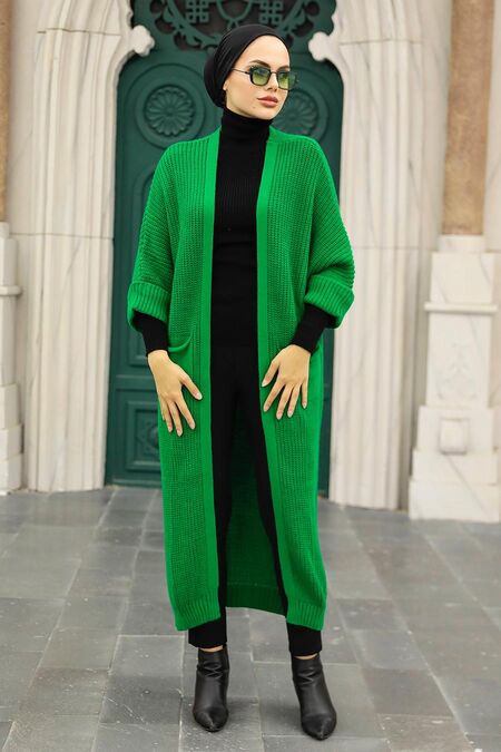 Green Hijab Knitwear Cardigan 4182Y - NEVA STYLE