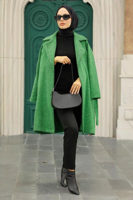 Green Hijab Stamp Coat 5825Y - NEVA STYLE