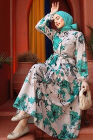 Green Modest Floral Dress 60831Y - 2