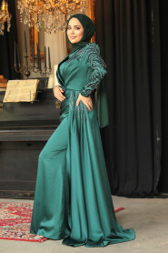 Green Modest Long Satin Dress 43381Y - 3