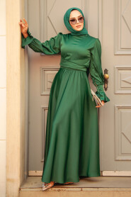 Green Satin Modest Evening Gown 5983Y - 1