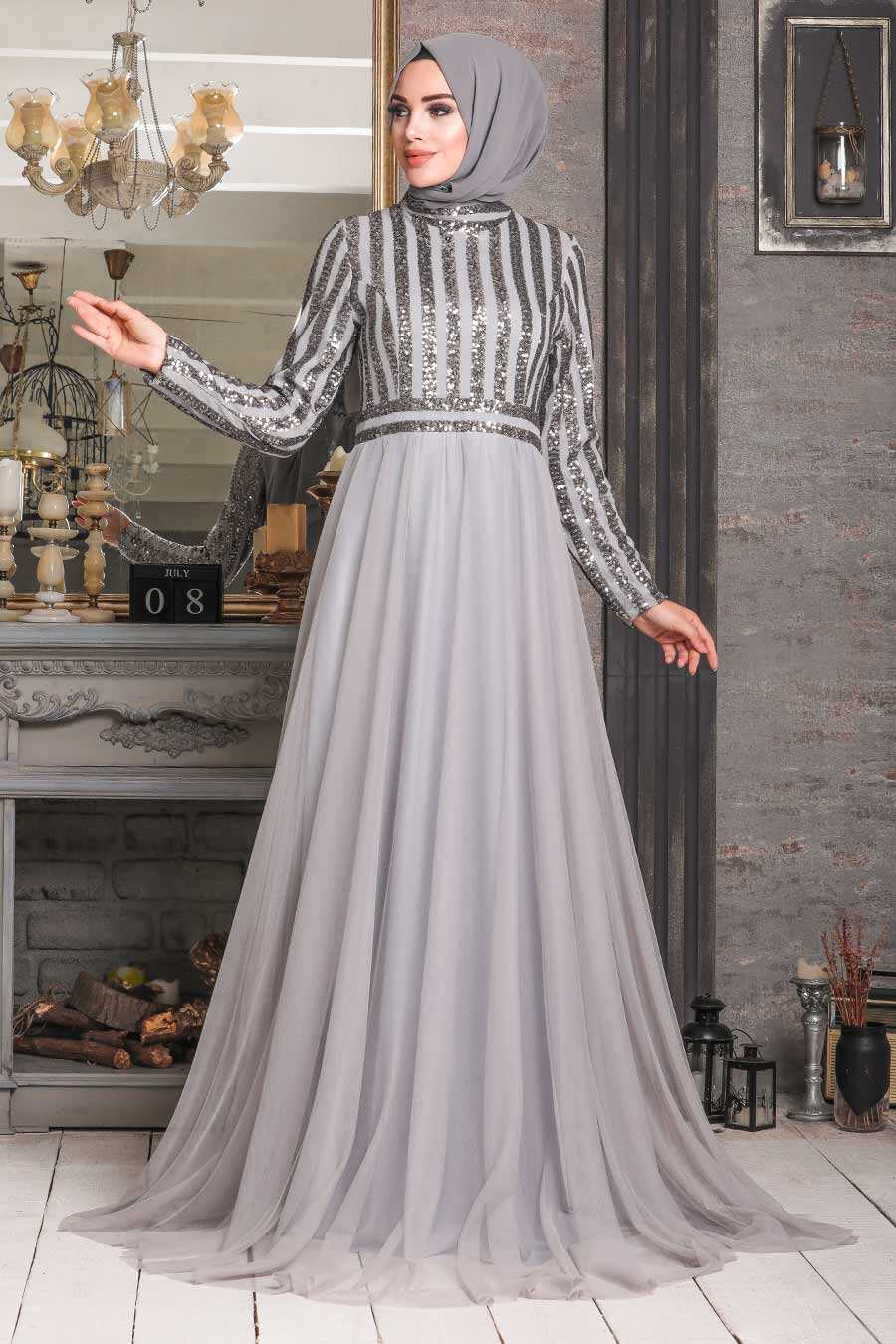 Stylish Grey Muslim Wedding Dress 5338GR - Neva-style.com