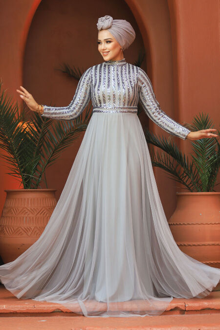  Stylish Grey Muslim Wedding Dress 5338GR - NEVA STYLE