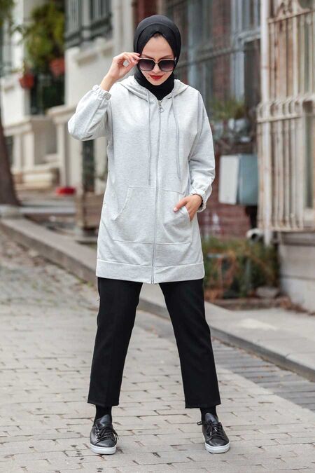 Grey Hijab Coat 3674GR - NEVA STYLE
