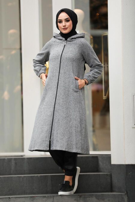 Grey Hijab Coat 40081GR - NEVA STYLE