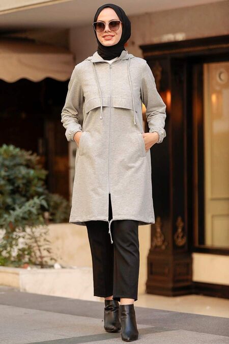 Grey Hijab Coat 7148GR - NEVA STYLE