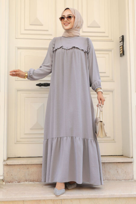 Grey Hijab Dress 7681GR - NEVA STYLE