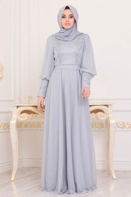 Grey Hijab Evening Dress 21521GR - 2