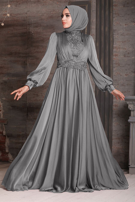 Luxorious Grey Hijab Evening Dress 21540GR - Neva-style.com