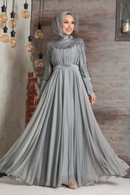 Grey Hijab Evening Dress 21881GR - 1
