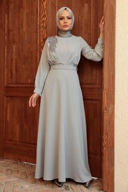  Long Grey Islamic Wedding Dress 3305GR - 1