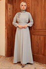  Long Grey Islamic Wedding Dress 3305GR - 2