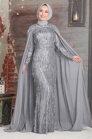 Grey Hijab Evening Dress 3450GR - NEVA STYLE